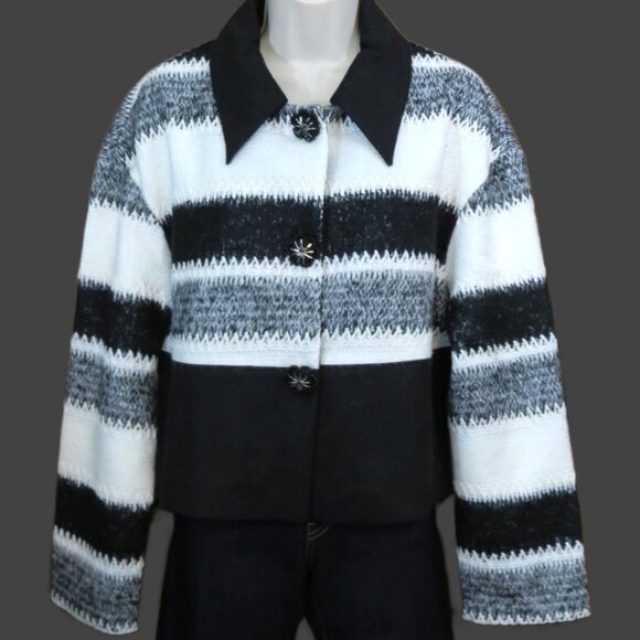 NWOT Elena Wang Black & White Collared Jacket Stripe Lined Unique Buttons Large - Picture 1 of 11
